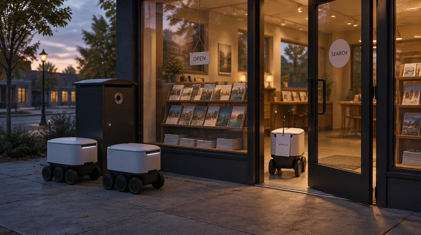 Editorial illustration of a glass storefront at dusk: printed articles and a small open sign behind the glass, a search crawler walking into the warm light, and two unlabeled robots waiting at a night drop box with a coin slot.