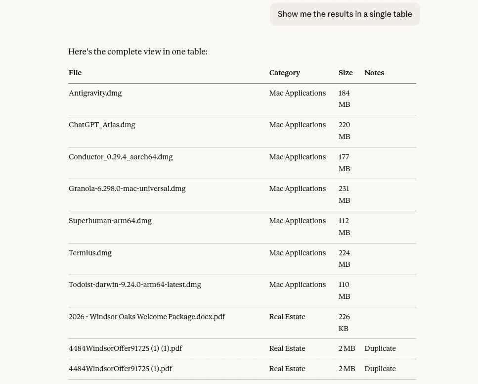 File table with categories