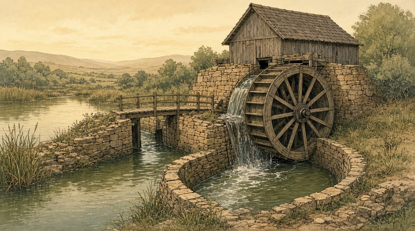 Editorial illustration of a wooden water mill: a mill wheel turning in a stone race, with a pond, sluice, wooden footbridge, and a curved tailrace looping through the grass.