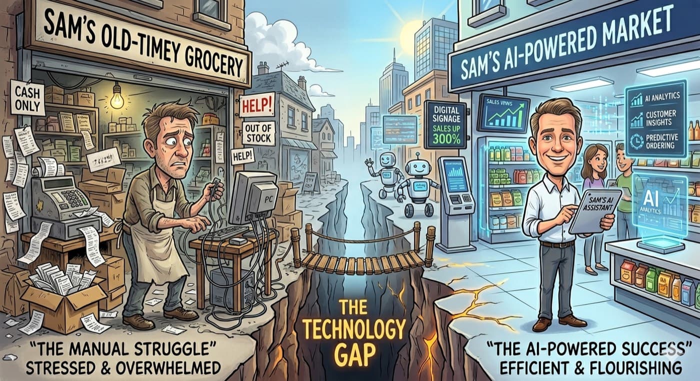 The technology gap: manual struggle on one side, AI-powered flourishing on the other