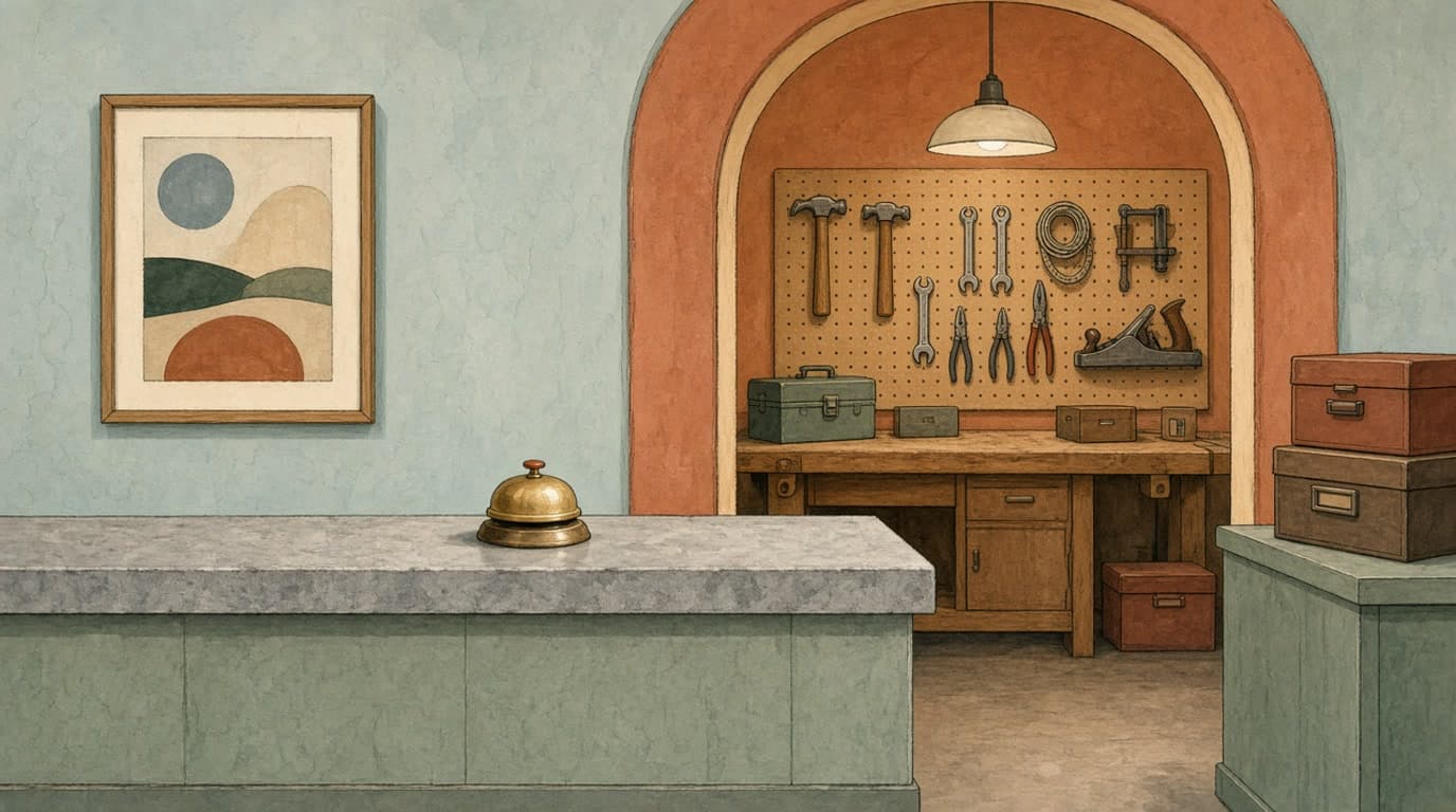 Editorial illustration of a shop: a brass reception bell on a sage stone counter in front, and through a terracotta arch a workshop with a pegboard of tools and a workbench.