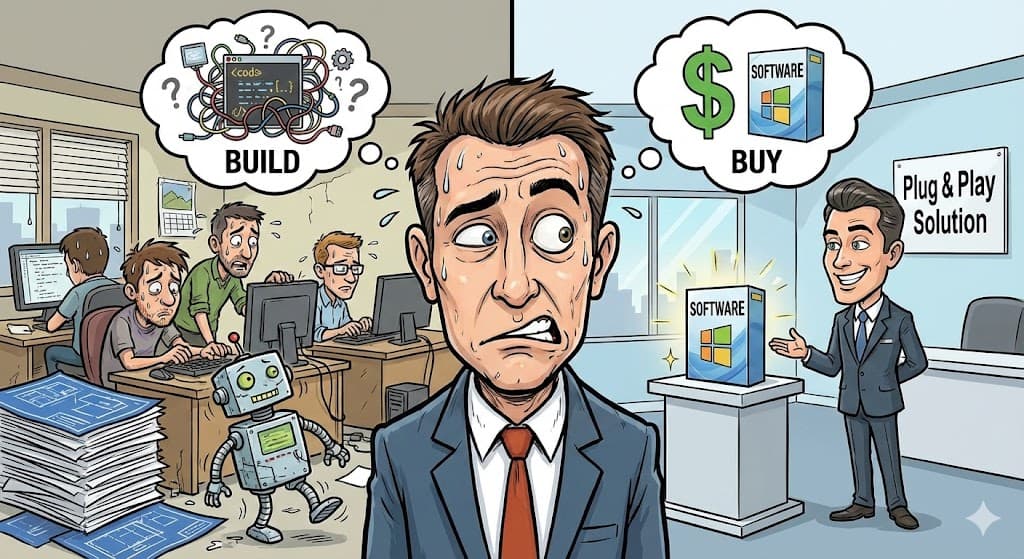 Cartoon showing the build vs buy dilemma - stressed developer on the left thinking about complex code, salesman on the right offering plug and play software solution