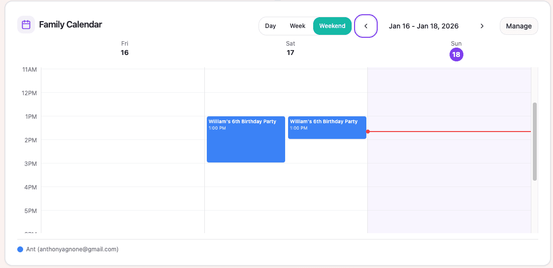Calendar showing weekend view with day, week, and weekend toggle options