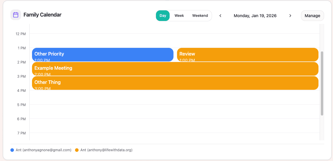 Family calendar with color-coded events for different family members