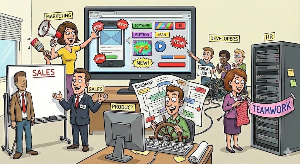 Cartoon showing people from different departments - marketing, sales, product, developers, HR - all collaborating on building software