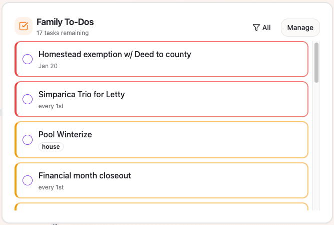 Family to-do list showing tasks with labels and due dates from Todoist