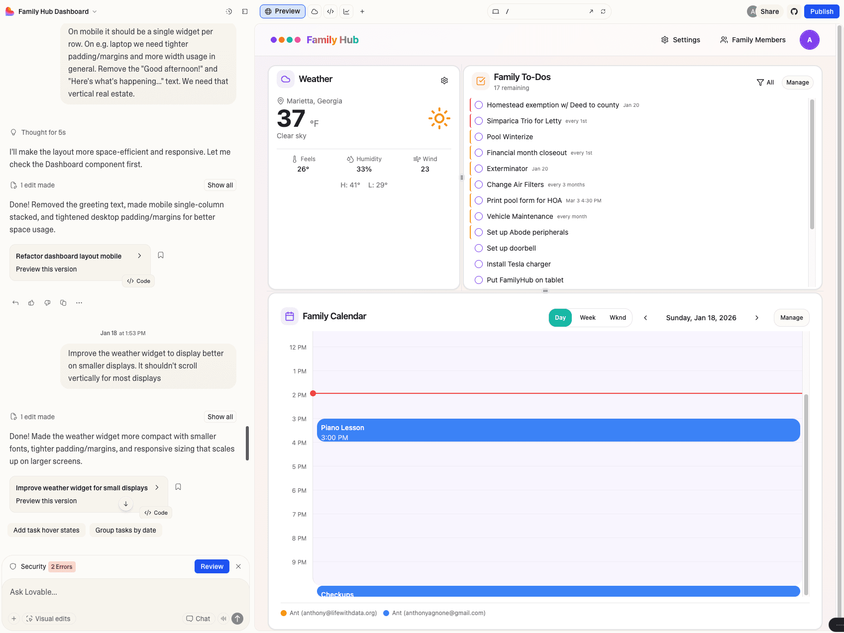 Lovable interface showing the Family Hub dashboard being built with chat prompts on the left and live preview on the right