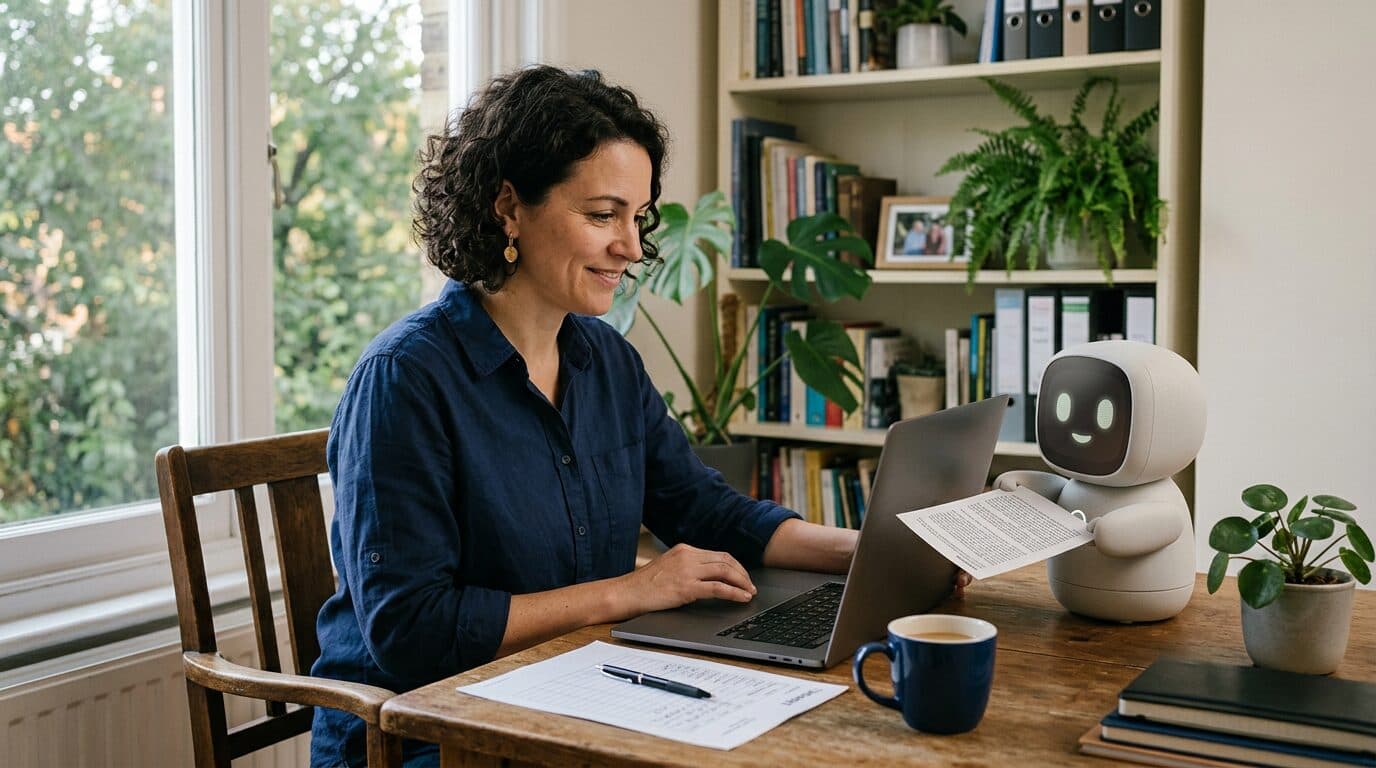 An owner at a wooden desk in a home office reviews a laptop screen, with a printed timesheet and pen beside the laptop.