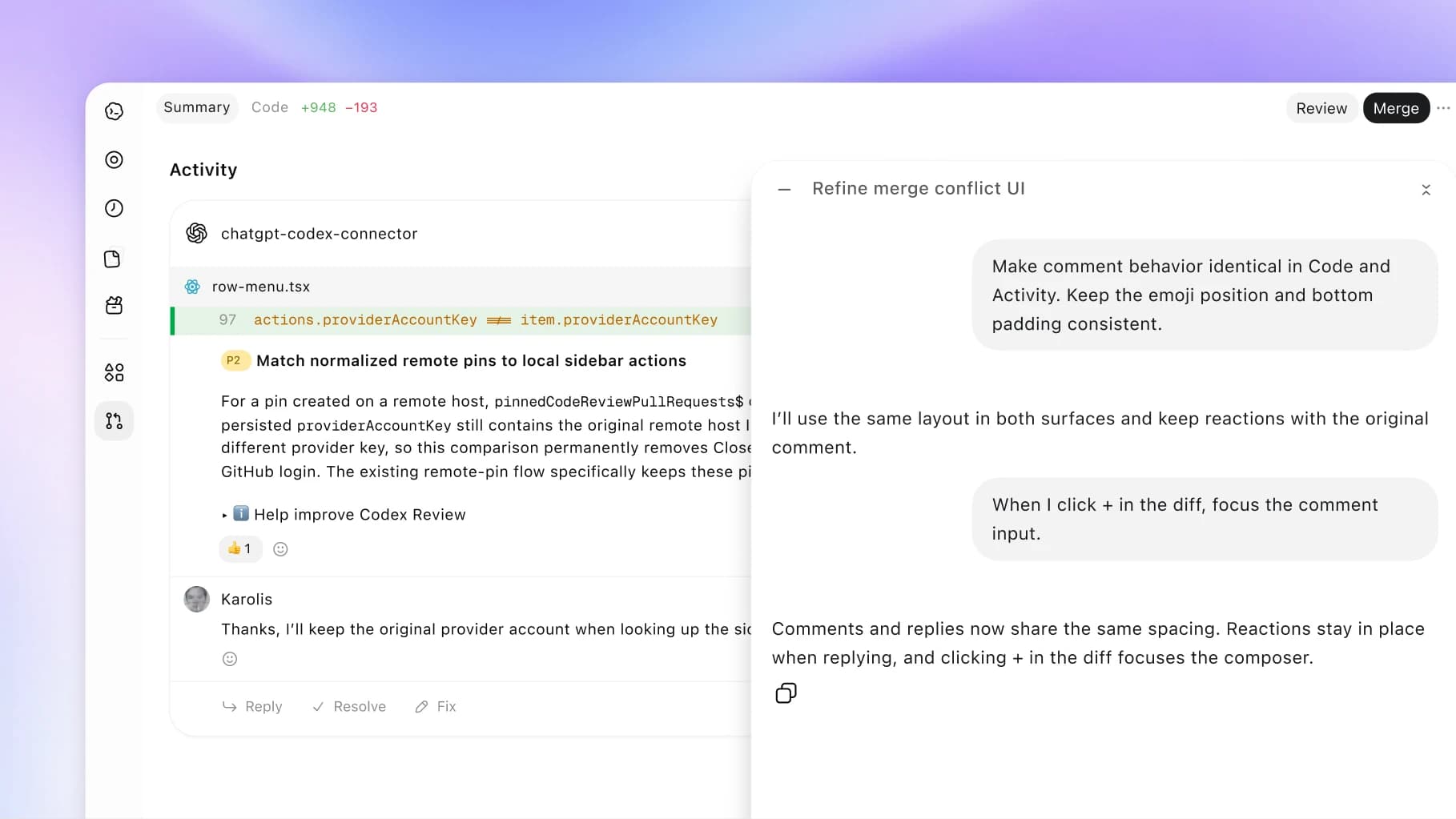 Codex review interface showing a code change and discussion.