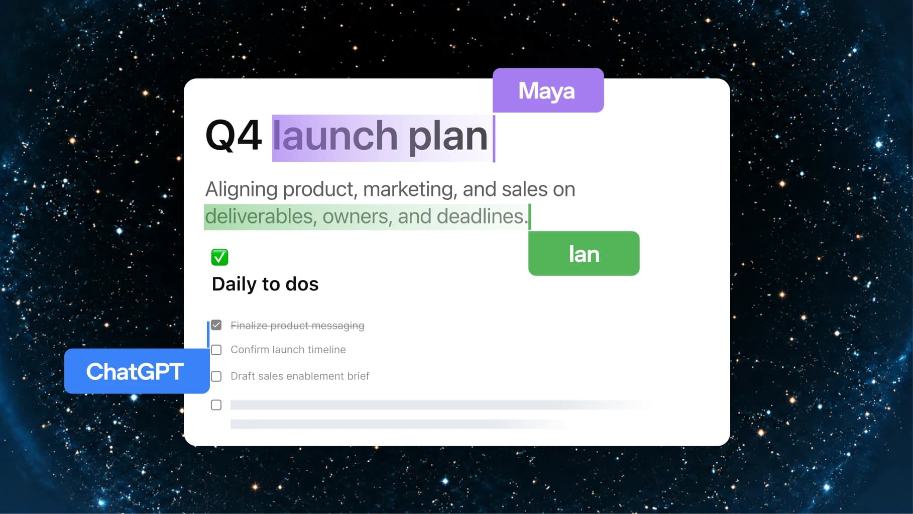 Shared Q4 planning Page with contributions from colleagues.