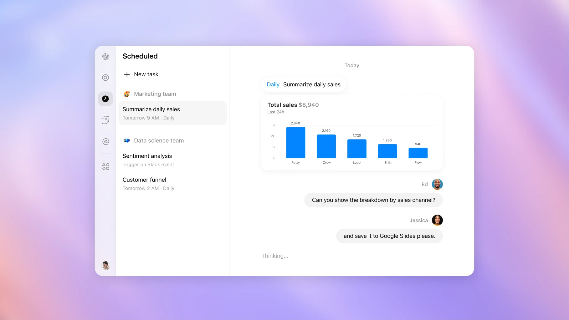 Shared scheduled sales report with follow-up requests from teammates.