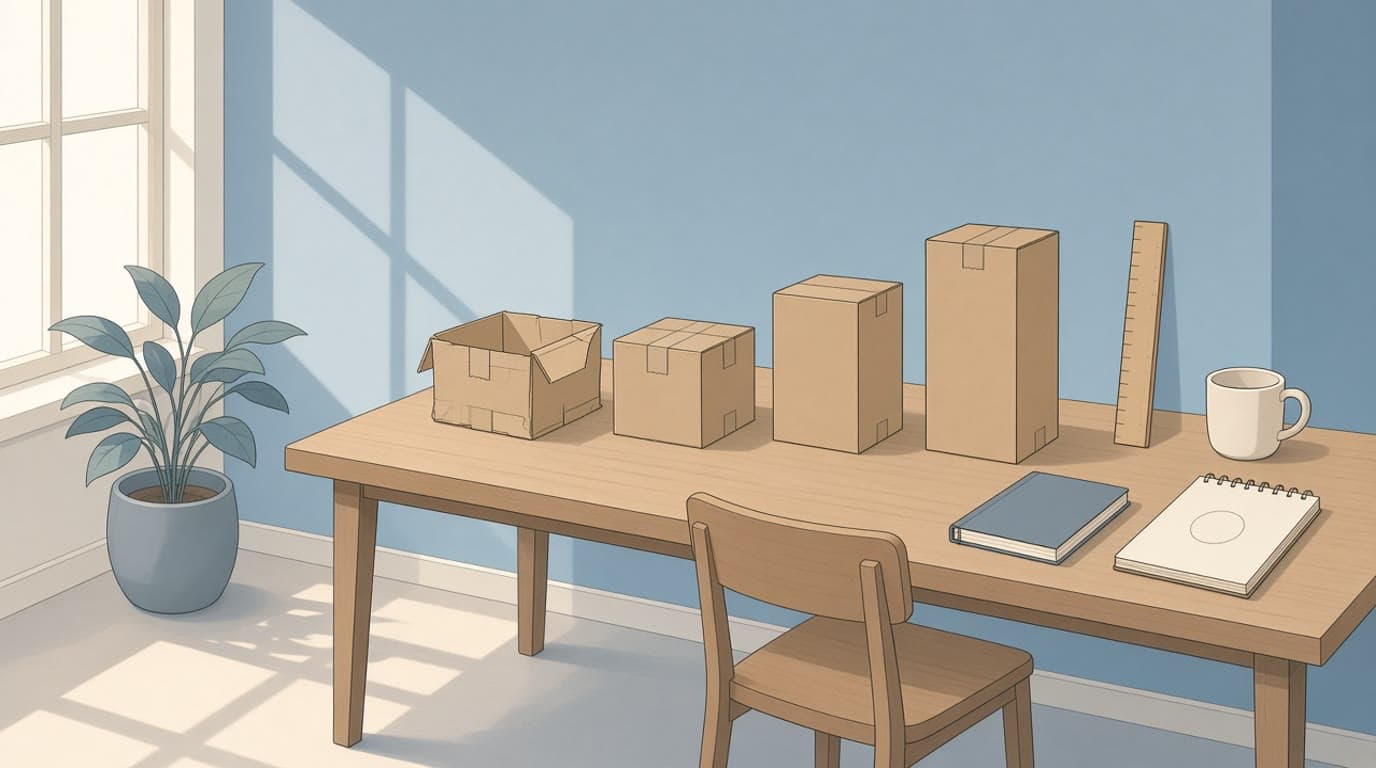 Editorial illustration of an empty wooden desk: an open cardboard box, then three closed boxes getting taller, a wooden ruler standing beside them, and a notepad with one circled mark.