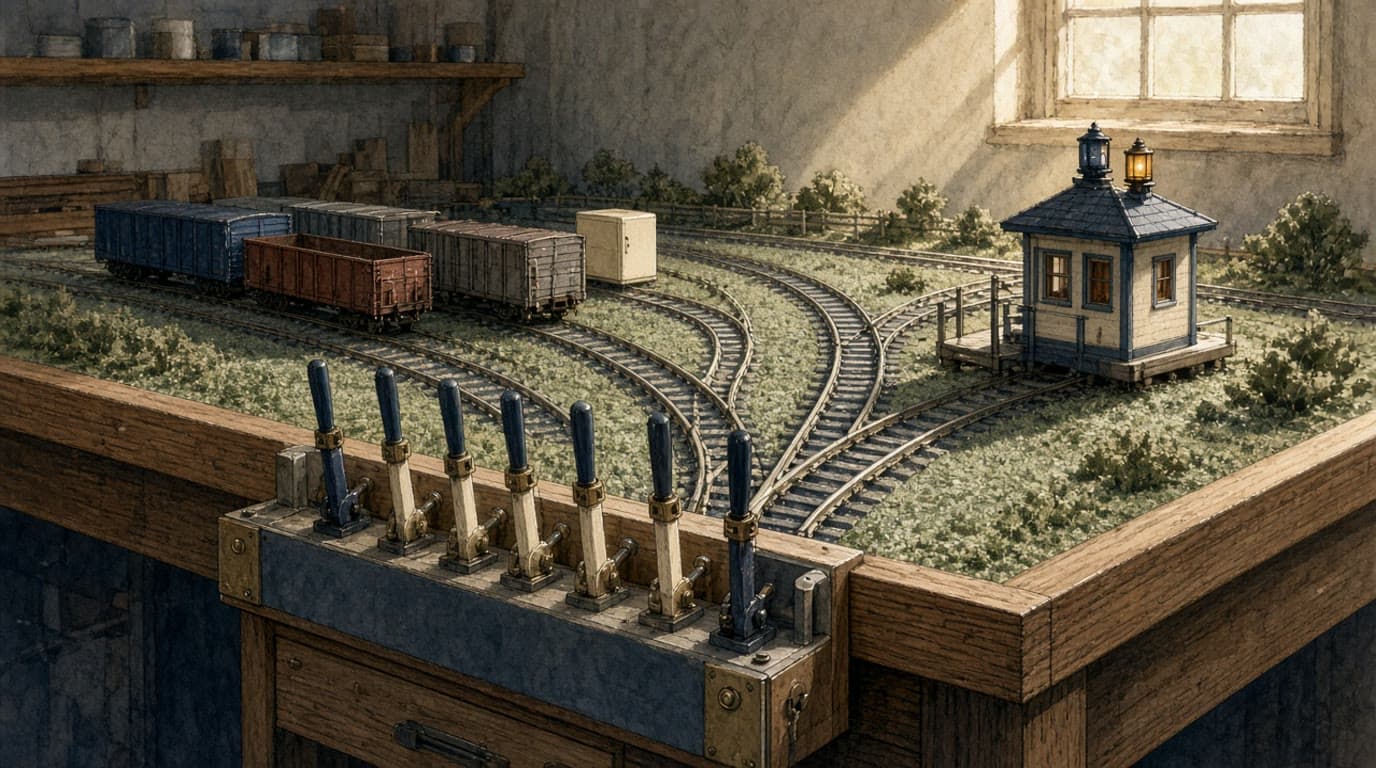 Editorial illustration of a model railway switching yard on a wooden table: freight cars wait on sidings, tracks split through brass points, and a row of unlabeled levers sits on the table edge.