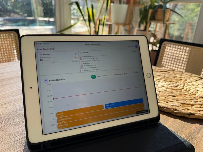 Family Hub app displayed on a tablet showing calendar and to-do features